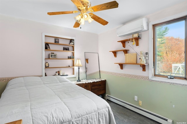 bedroom featuring baseboard heating, ceiling fan, carpet floors, and a wall mounted air conditioner