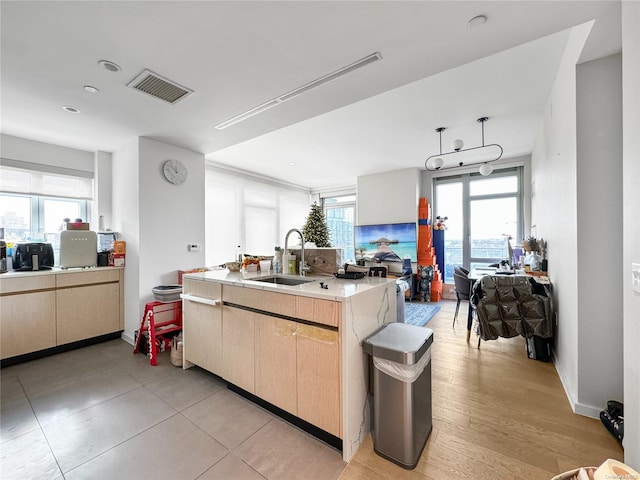 kitchen with light wood-type flooring, a kitchen island with sink, plenty of natural light, and sink