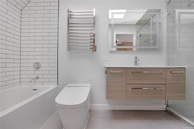 full bathroom featuring vanity, radiator, tile patterned flooring, tiled shower / bath combo, and toilet