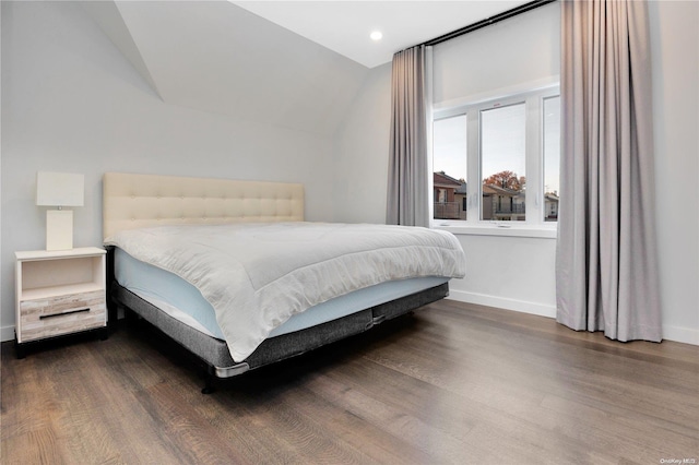 bedroom featuring lofted ceiling and dark wood-type flooring