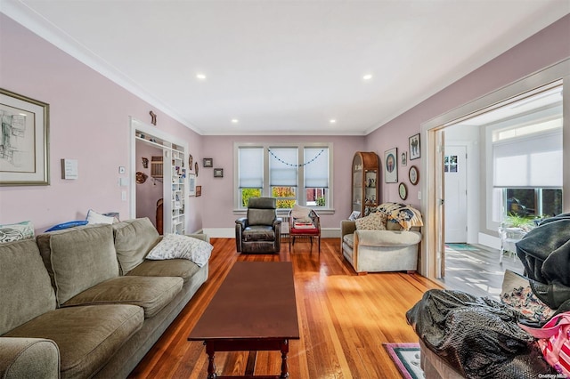 living room featuring ornamental molding and hardwood / wood-style flooring