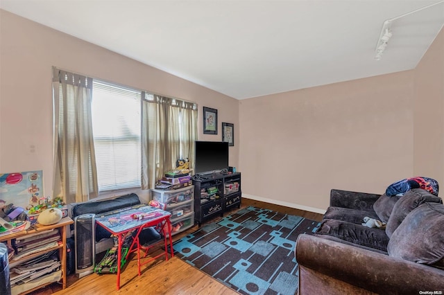 living room with dark hardwood / wood-style flooring