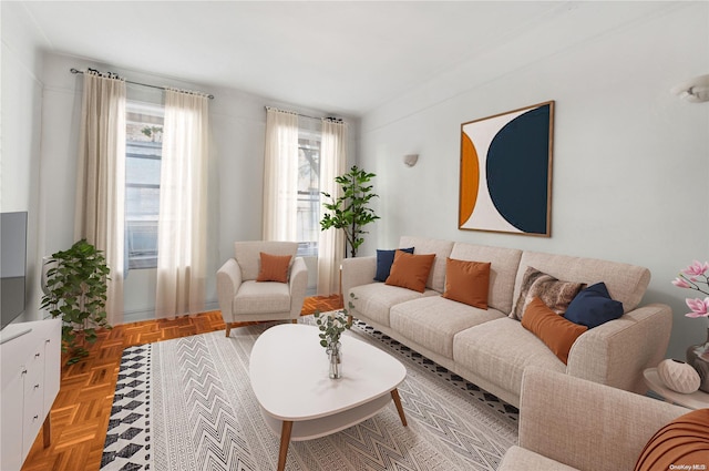 living room with light parquet flooring