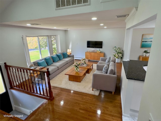 living room with vaulted ceiling, wood-type flooring, and a baseboard radiator