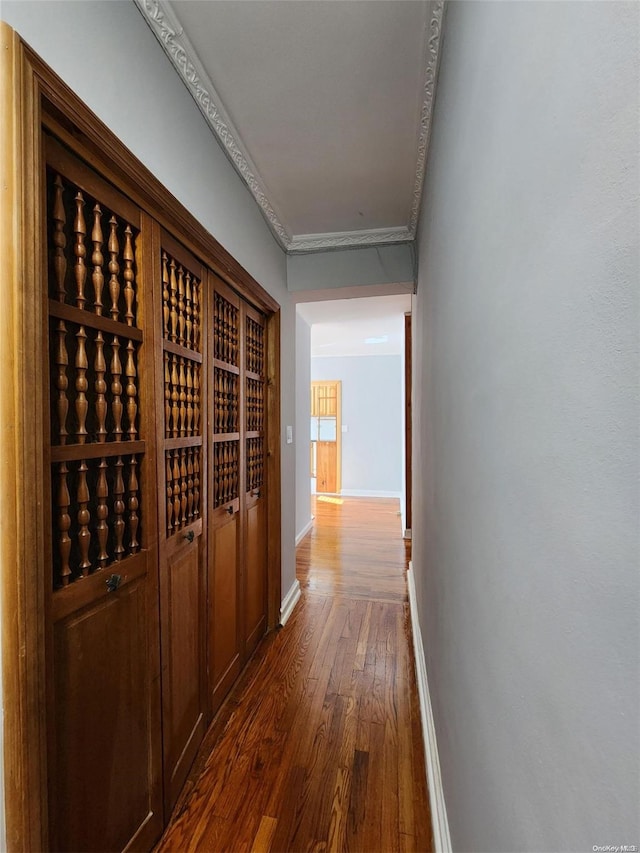 hallway featuring crown molding and dark wood-type flooring