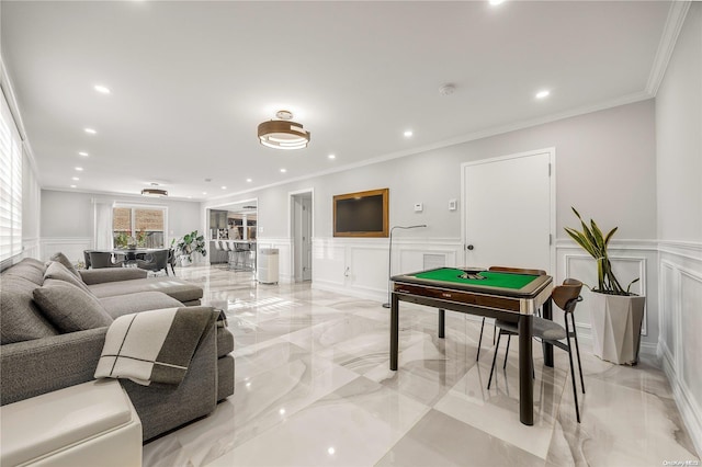 playroom with crown molding and billiards