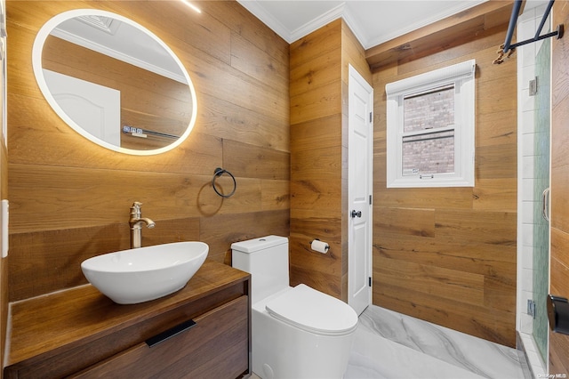 bathroom featuring ornamental molding, a shower with door, and wooden walls