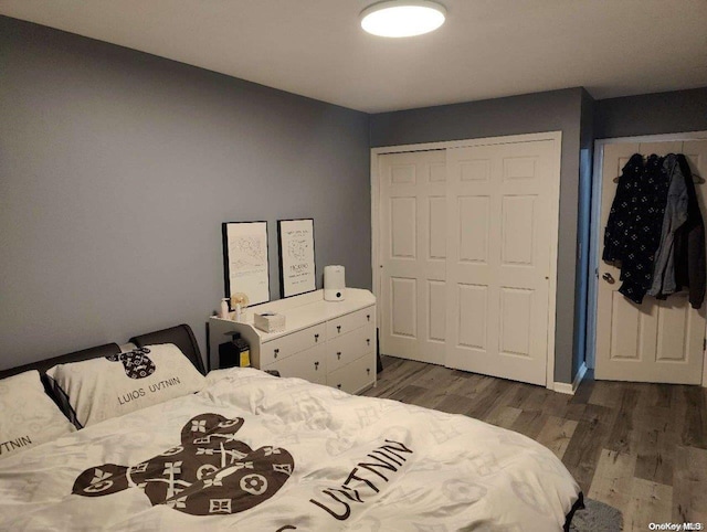 bedroom with dark hardwood / wood-style flooring and a closet