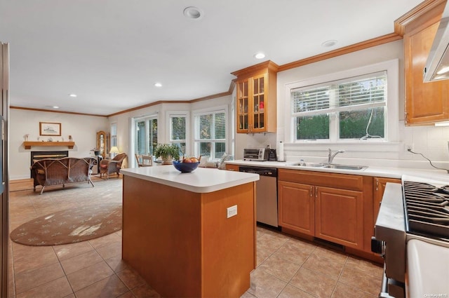 kitchen with dishwasher, a kitchen island, plenty of natural light, and sink