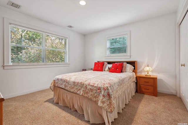 bedroom with a closet, light colored carpet, and multiple windows