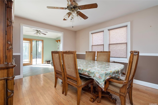 dining area featuring ceiling fan and light wood-type flooring