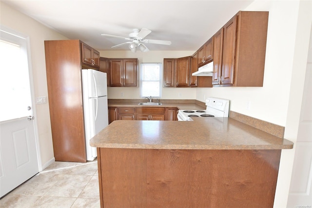 kitchen featuring kitchen peninsula, white appliances, ceiling fan, and sink