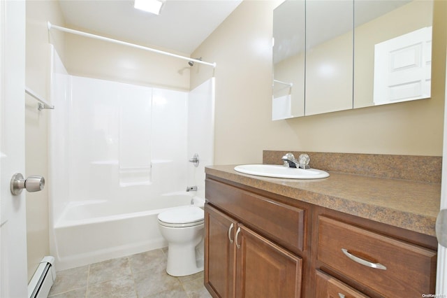 full bathroom featuring toilet, vanity, a baseboard radiator, and bathing tub / shower combination