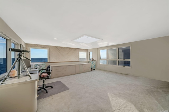 unfurnished office featuring a water view, a skylight, and light colored carpet