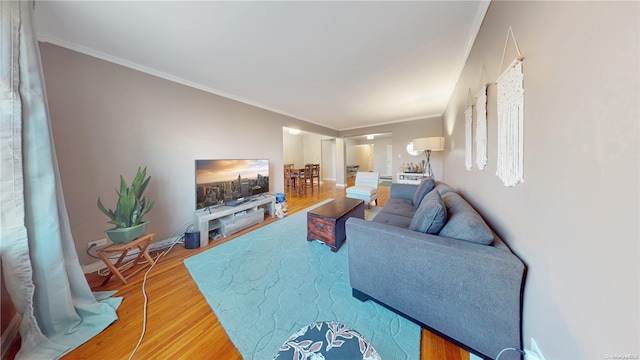 living room with wood-type flooring and crown molding