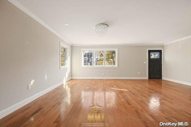 spare room with hardwood / wood-style floors and ornamental molding