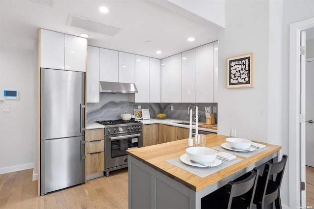 kitchen featuring backsplash, stainless steel appliances, sink, light hardwood / wood-style floors, and white cabinetry