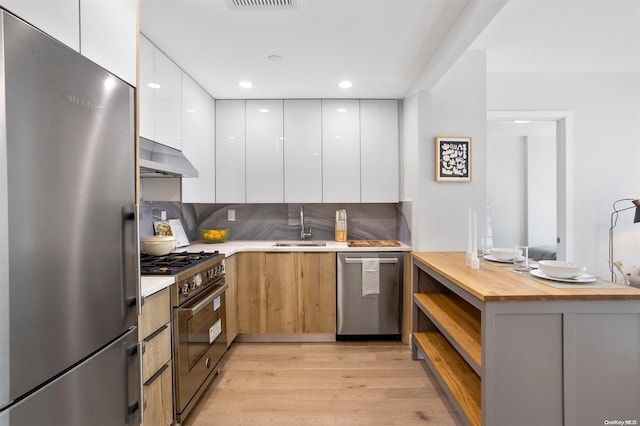 kitchen featuring decorative backsplash, stainless steel appliances, sink, light hardwood / wood-style floors, and white cabinetry