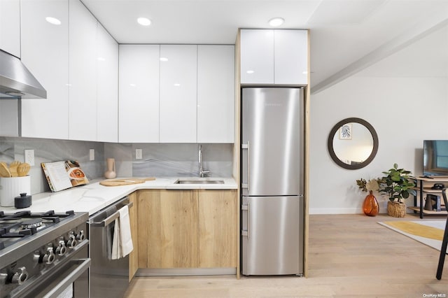 kitchen featuring sink, decorative backsplash, light wood-type flooring, appliances with stainless steel finishes, and white cabinetry