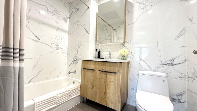 28-09 39th Ave Unit 5A, Long Island City, NY 11101 - bathroom featuring shower / bathtub combination with curtain, vanity, toilet, and tile walls