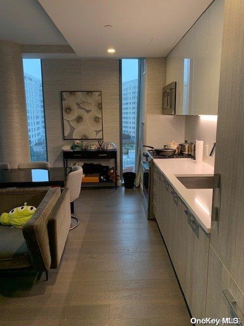 kitchen featuring hardwood / wood-style floors, a healthy amount of sunlight, and stove