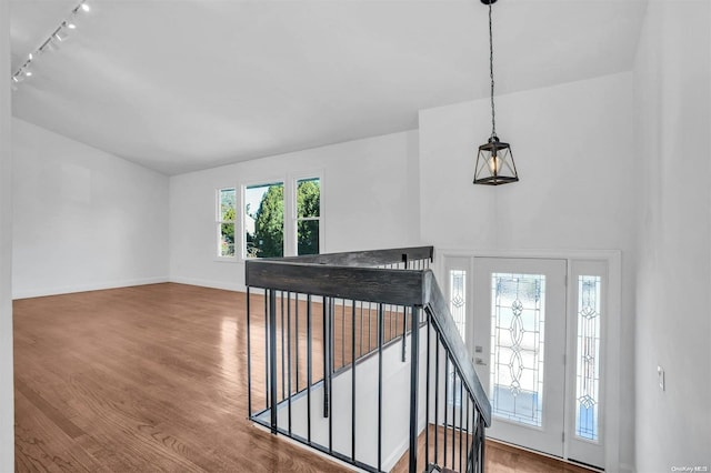 entryway featuring hardwood / wood-style floors and rail lighting