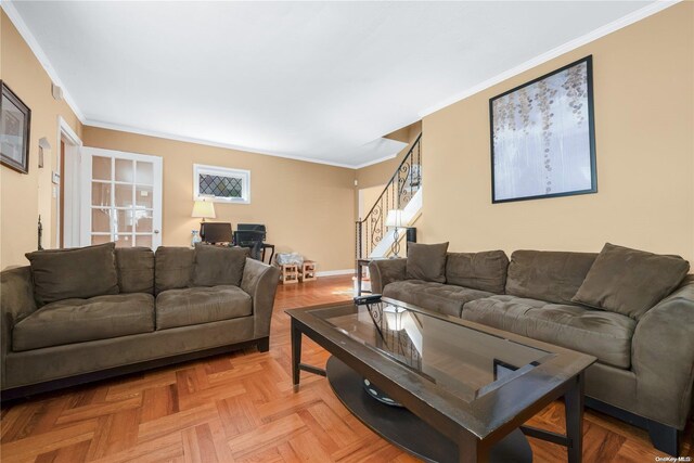 living room featuring parquet floors and ornamental molding