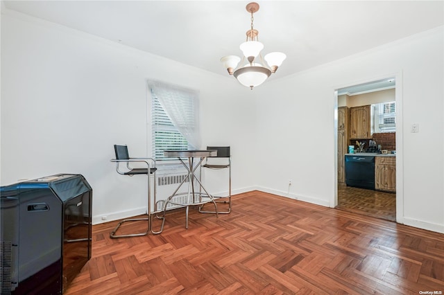 dining area with a notable chandelier, parquet floors, and ornamental molding