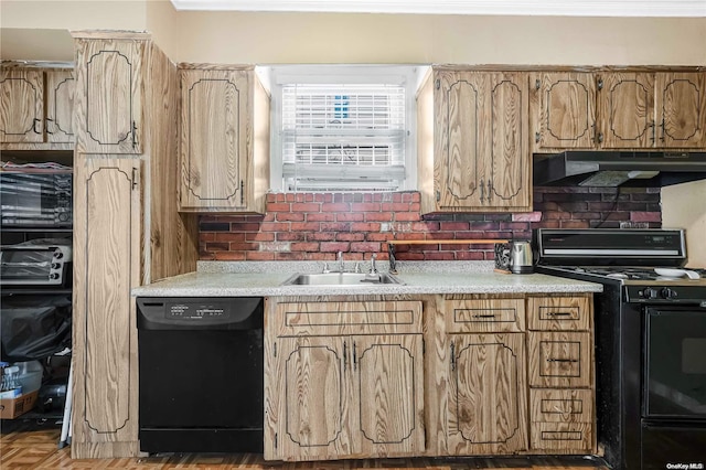 kitchen with decorative backsplash, sink, light parquet floors, and black appliances