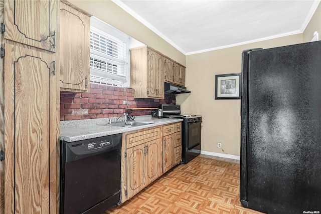 kitchen with tasteful backsplash, ornamental molding, light parquet floors, sink, and black appliances