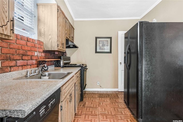 kitchen featuring backsplash, light parquet floors, black appliances, sink, and ornamental molding