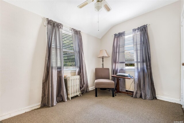 sitting room with radiator, ceiling fan, carpet, and vaulted ceiling