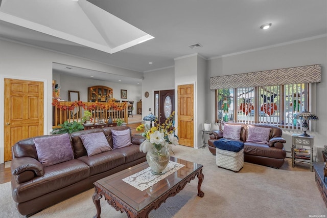 living room featuring crown molding and light carpet