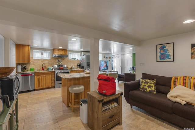 kitchen featuring decorative backsplash, light stone countertops, stainless steel appliances, sink, and exhaust hood