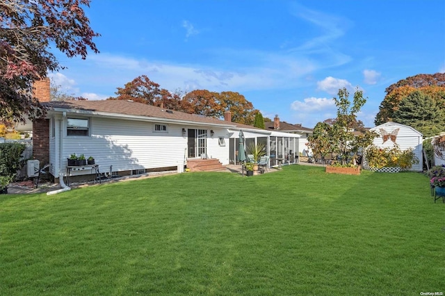 back of house with central AC, a sunroom, and a yard