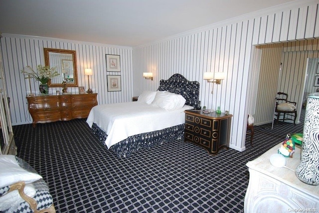 carpeted bedroom featuring ornamental molding