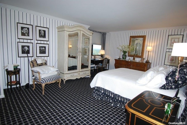 bedroom featuring carpet and ornamental molding