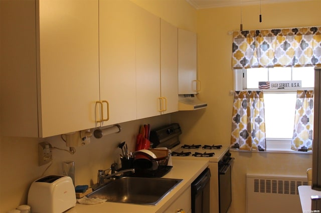 252-51 63rd Ave Unit 5A, Little Neck, NY 11362 - kitchen with radiator heating unit, a sink, under cabinet range hood, black dishwasher, and white range with gas cooktop