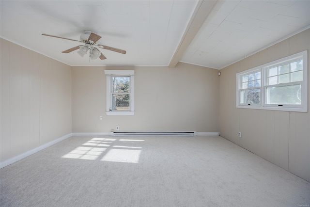 spare room featuring light carpet, ornamental molding, ceiling fan, a baseboard radiator, and vaulted ceiling with beams