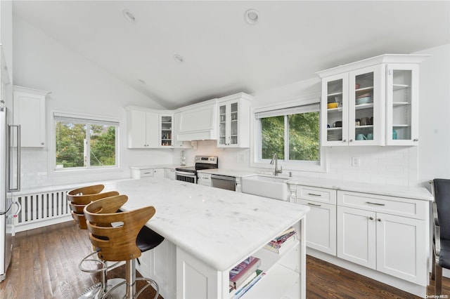 kitchen featuring sink, dark wood-type flooring, white cabinets, a kitchen island, and appliances with stainless steel finishes