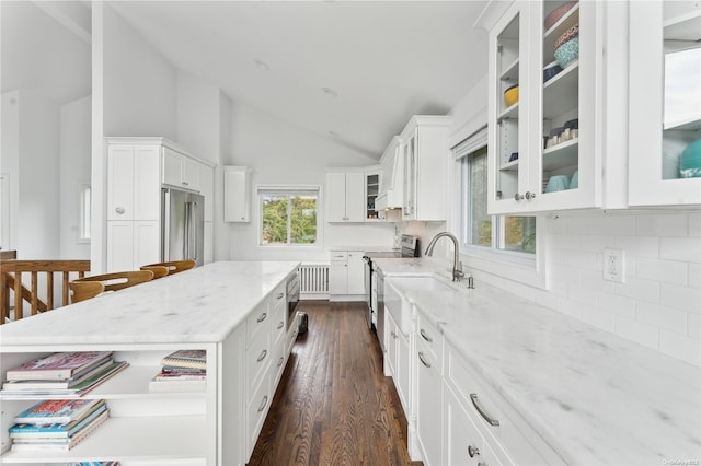 kitchen featuring light stone counters, white cabinetry, stainless steel appliances, and dark wood-type flooring