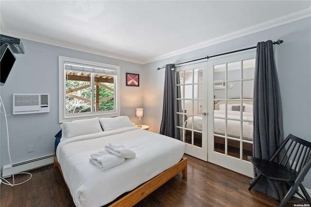 bedroom featuring french doors, dark hardwood / wood-style flooring, ornamental molding, baseboard heating, and an AC wall unit