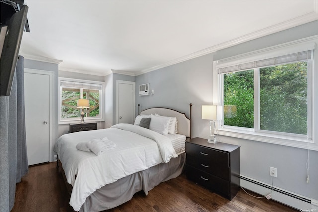 bedroom with an AC wall unit, crown molding, a baseboard radiator, and dark hardwood / wood-style floors