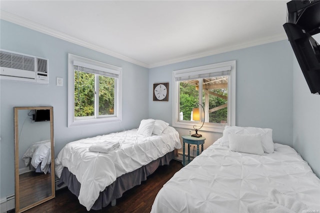 bedroom featuring dark hardwood / wood-style flooring, a baseboard radiator, a wall unit AC, and ornamental molding