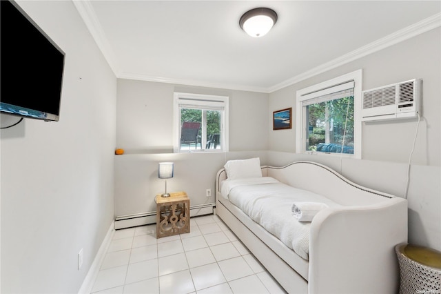 bedroom with light tile patterned floors, a wall unit AC, baseboard heating, and ornamental molding