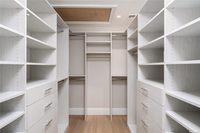 walk in closet with light hardwood / wood-style floors