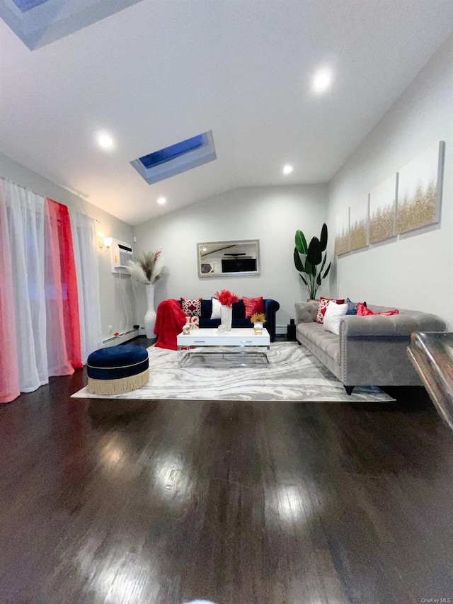 living room with hardwood / wood-style flooring and vaulted ceiling with skylight