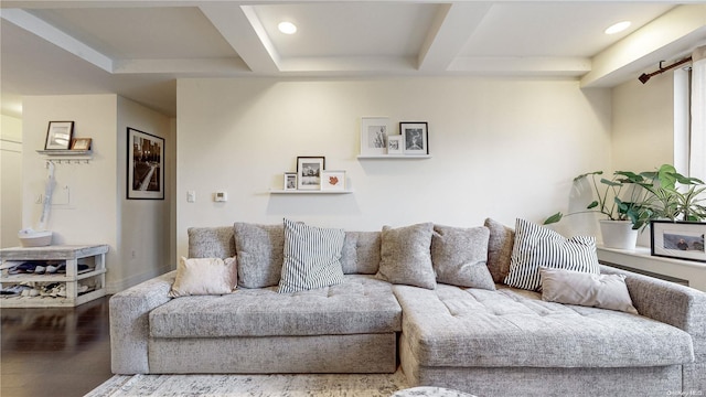 living room with beam ceiling and wood-type flooring