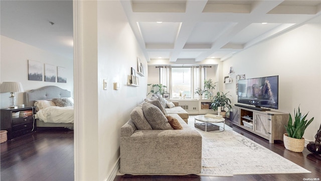 living room featuring beamed ceiling, dark hardwood / wood-style flooring, and coffered ceiling