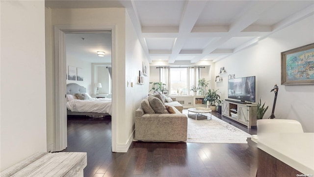 living room featuring beam ceiling, hardwood / wood-style flooring, and coffered ceiling